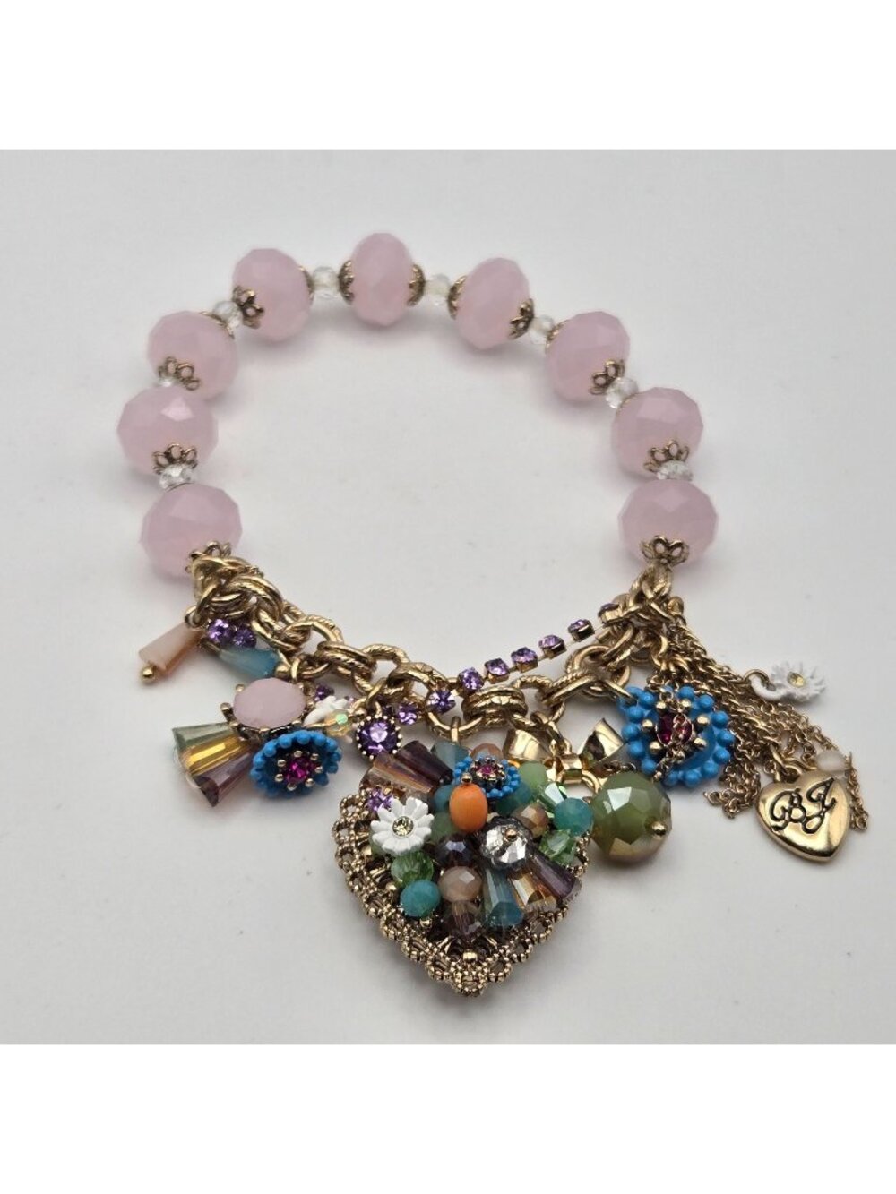 Betsey Johnson Beaded Charm Bracelet Floral Heart Colorful Crystals